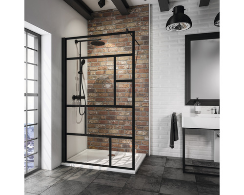 Paroi de douche à l'italienne Schulte Alexa style 2.0 Black Style largeur 120 cm décor atelier couleur du profilé noir