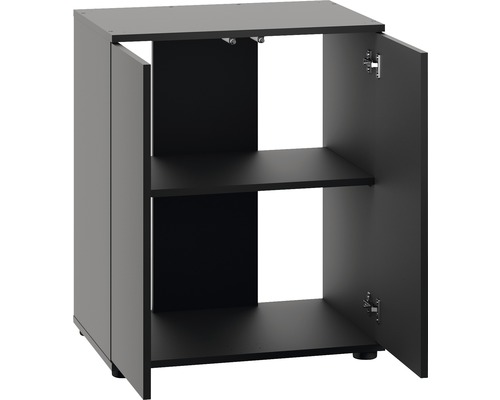 Meuble bas noir avec deux portes ouvertes et deux étagères