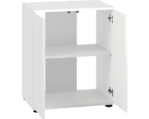 Meuble bas blanc avec deux portes ouvertes et une étagère