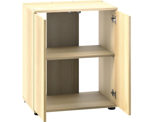 Offener Holzunterschrank mit zwei Regalböden und zwei Türen