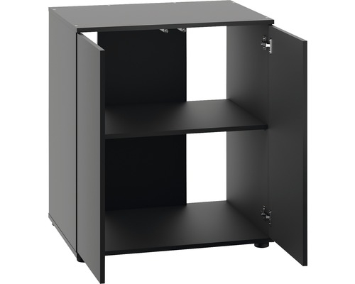 Meuble bas noir avec deux portes ouvertes et deux étagères