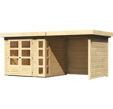 Gartenhaus Karibu Naomi 3 mit seitlichem Anbau 2,4 m und Seiten- und Rückwand 508 x 238 cm natur