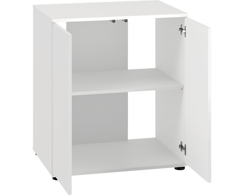 Meuble bas blanc avec deux portes ouvertes et une étagère