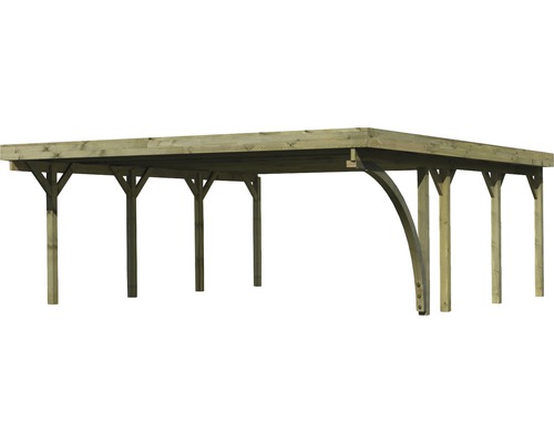 Abri de voiture en bois avec huit supports et toit en selle