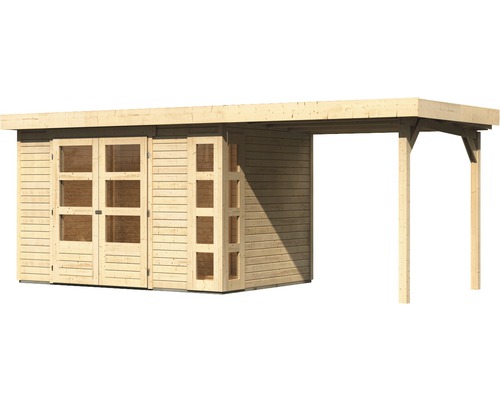 Holzgartenhaus mit Doppeltür und Carport-Anbau