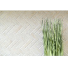 Helle Wandfliesen im Fischgrätmuster mit dekorativem Ziergras