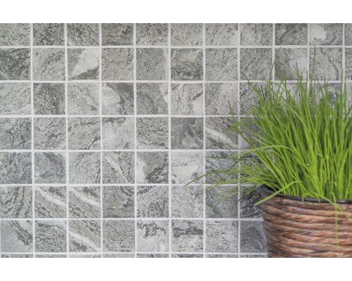 Graue Mosaikfliesen mit Marmoroptik und Pflanze im Topf