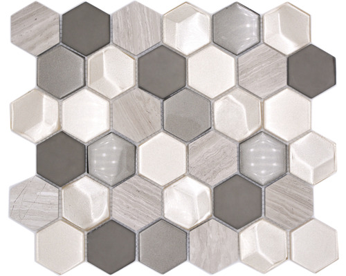 Mosaïques de verre avec pierre naturelle HXN 44 gris 30x30 cm Carreau de mosaïque à motif hexagonal