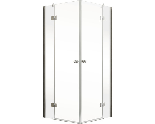 Cabine de douche d''angle avec deux portes pivotantes en verre