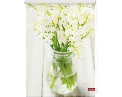 Store enrouleur avec motif de muguet dans un verre