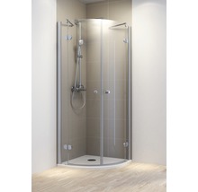 Douche d''angle avec robinetterie de douche et portes en verre dans la salle de bain