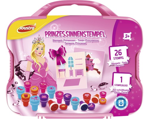 Set de tampons de princesse Joustra avec 26 tampons et un bloc de timbres dans une boîte en plastique rose
