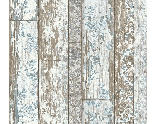 Vliestapete 36119-1 Neue Bude 2.0 Holz Blüten blau braun Tapete imitiert Holzoptik mit Blumenmuster