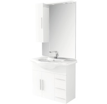 Set de meubles de salle de bains Baden Haus Aida lxhxp 85 x 174,25 x 50 cm couleur de façade blanc haute brillance avec vasque céramique blanc et vasque lampe halogène miroir meuble sous vasque armoire murale