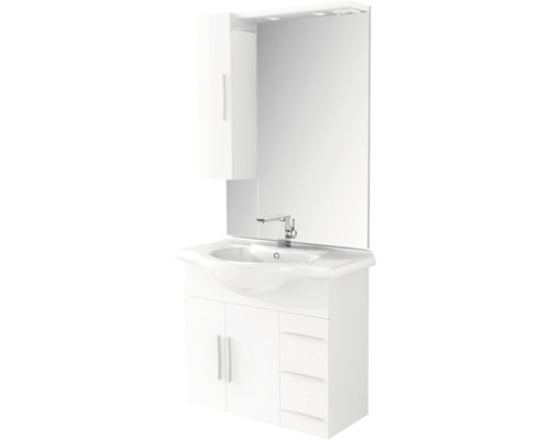 Set de meubles de salle de bains Baden Haus Aida lxhxp 85 x 174,25 x 50 cm couleur de façade blanc haute brillance avec vasque céramique blanc et vasque lampe halogène miroir meuble sous vasque armoire murale