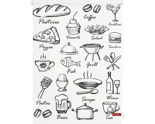 Rollo mit Lebensmittelmotiven, einschließlich Gebäck, Kaffee, Cocktails, Desserts und Salate