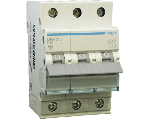Disjoncteur Hager 16A 3 pôles 6kA B 3 modules MBN 316 Disjoncteur Hager 16A 3 pôles 6kA B 3 modules MBN 316