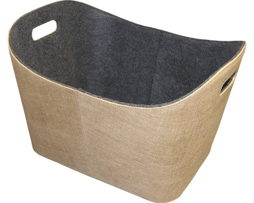 Panier de feutre pour bois de chauffage en jute Lienbacher carré beige-noir avec trous de poignées et coutures blanches