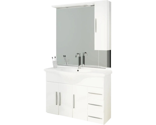 Meuble-lavabo blanc avec miroir, armoire suspendue et meuble bas avec portes et tiroirs