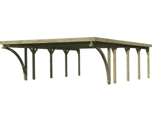 Holzcarport mit Flachdach und mehreren Stützpfeilern