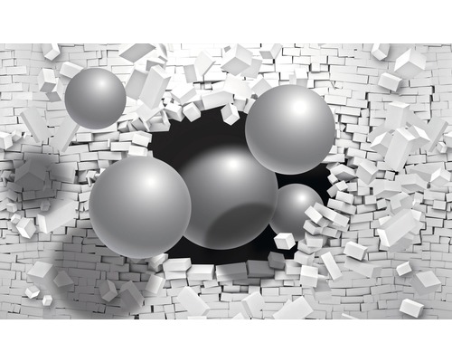 Papier peint panoramique intissé 2914 VEXXL boules/briques 3D 3 pces 312 x 219 cm Image murale avec mur percé et boules