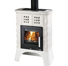 Poêle avec tuyau de fumée noir et fenêtre avec bois qui brûle