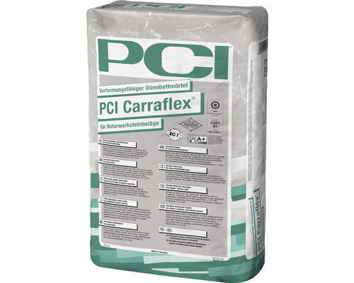 Mortier en couche mince déformable PCI Carraflex® pour sols en matériaux naturels blanc C2FTE-S1 25 kg
