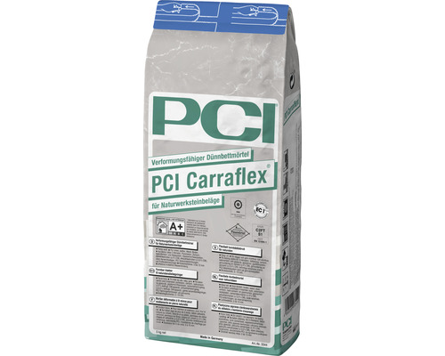 Mortier en couche mince déformable PCI Carraflex® pour sols en matériaux naturels blanc C2FTE-S1 5 kg