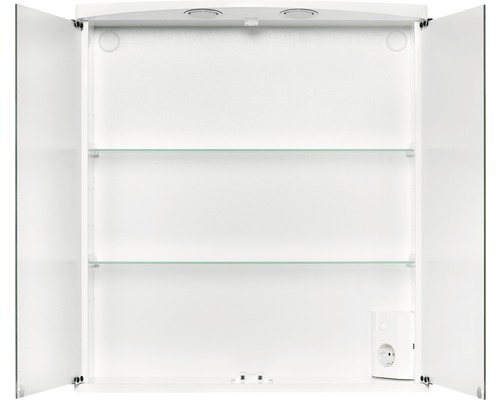 Armoire de toilette ouverte avec étagères en verre et prise de courant