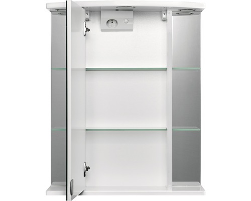 Geöffneter Spiegelschrank mit zwei Glasböden und Steckdose