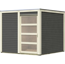 Gartenhaus Karibu Carlson mit selbstklebender Dachfolie und Aluminium Abtropfwinkel 246 x 246 cm terragrau