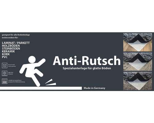 Anti-Rutsch-Unterlage für Laminat, Parkett, Holzböden, Steinböden, Keramik, Kork und PVC Böden, geeignet für Fußbodenheizung, hergestellt in Deutschland.