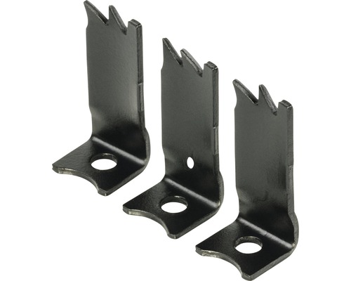 Trois équerres métalliques avec dents et trous de fixation