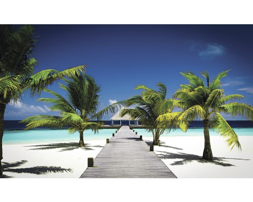 Papier peint panoramique intissé 891 VEXXL plage et palmiers 3 pces 312 x 219 cm Passerelle menant au pavillon de plage avec des palmiers