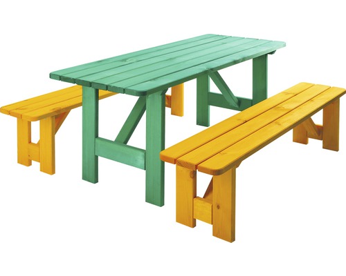 Kindergartenmöbel-Set Robusto Kiefer 6-Sitzer 3-teilig grün-gelb