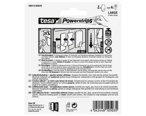 Tesa Powerstrips, große selbstklebende Haken, zwei Stück inklusive vier Klebestreifen, geeignet für glatte Oberflächen