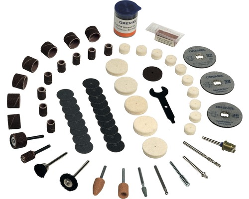 Ensemble d''accessoires Dremel avec bandes abrasives, disques à polir, disques à tronçonner, meules et clé
