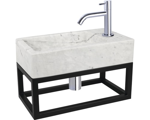 Meuble-lavabo avec vasque en marbre et structure métallique noire