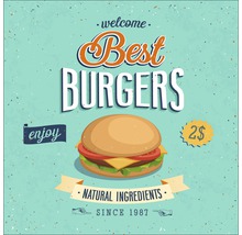 Illustration eines Burgers mit Aufschrift Willkommen Beste Burger seit 1987