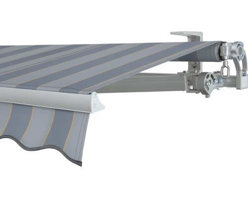 Store banne à bras articulé SOLUNA Concept 3x2 tissu dessin 7109 châssis argent E6EV1 anodisé entraînement à droite avec manivelle