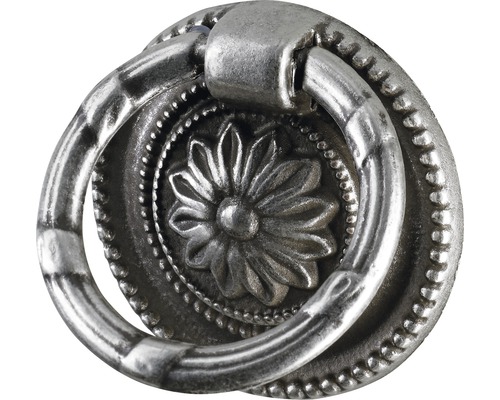 Bouton de meuble avec anneau en zinc moulé sous pression bruni/argenté Øxh 37/9 mm Bouton de meuble avec anneau et motif floral