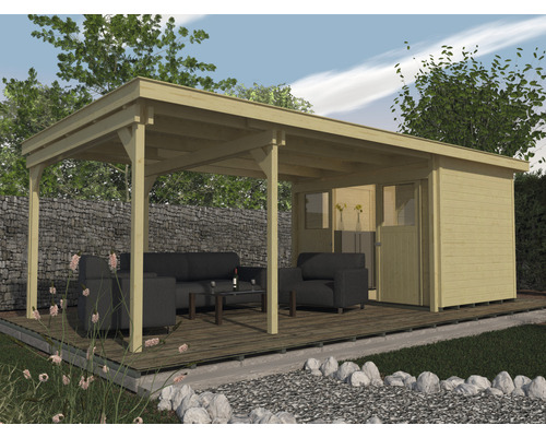 Abri de jardin weka cabane Lounge 2 450 cm Lounge avec plancher 744x295 cm naturel