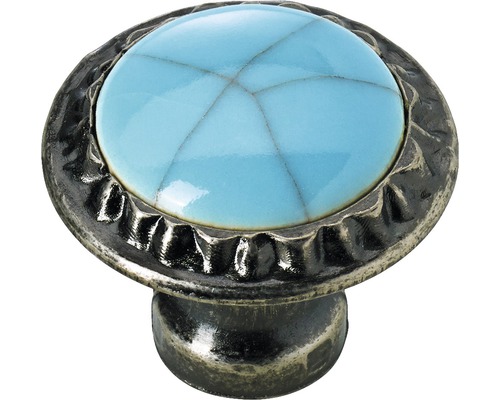 Bouton de meuble en zinc moulé sous pression porcelaine bleu bruni Øxh 27x23 mm Bouton de meuble avec partie supérieure en céramique bleu clair et base argent antique
