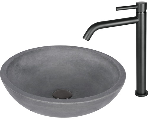 Rundes Aufsatzwaschbecken aus Beton mit Armatur