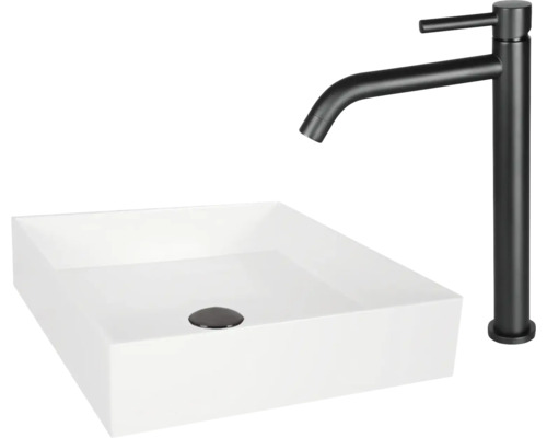Aufsatzwaschbecken, eckig, mit Armatur
