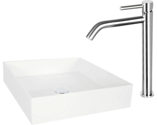 Aufsatzwaschbecken, quadratisch, zusammen mit einer Armatur