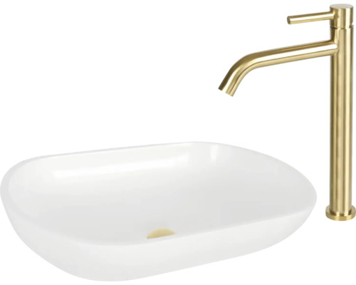 Aufsatzwaschbecken aus Keramik mit goldfarbener Waschtischarmatur