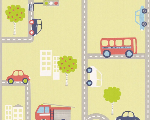 Tapete mit Straßen-, Fahrzeug- und Baummuster für Kinderzimmer