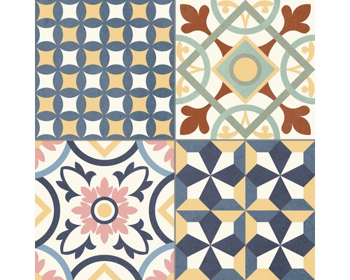 Fliesen mit verschiedenen geometrischen und floralen Mustern