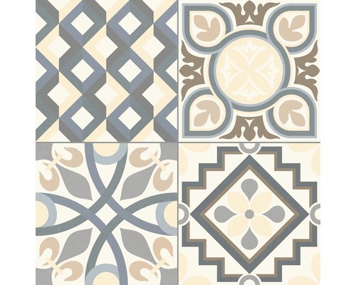 Fliesen mit geometrischen und floralen Mustern